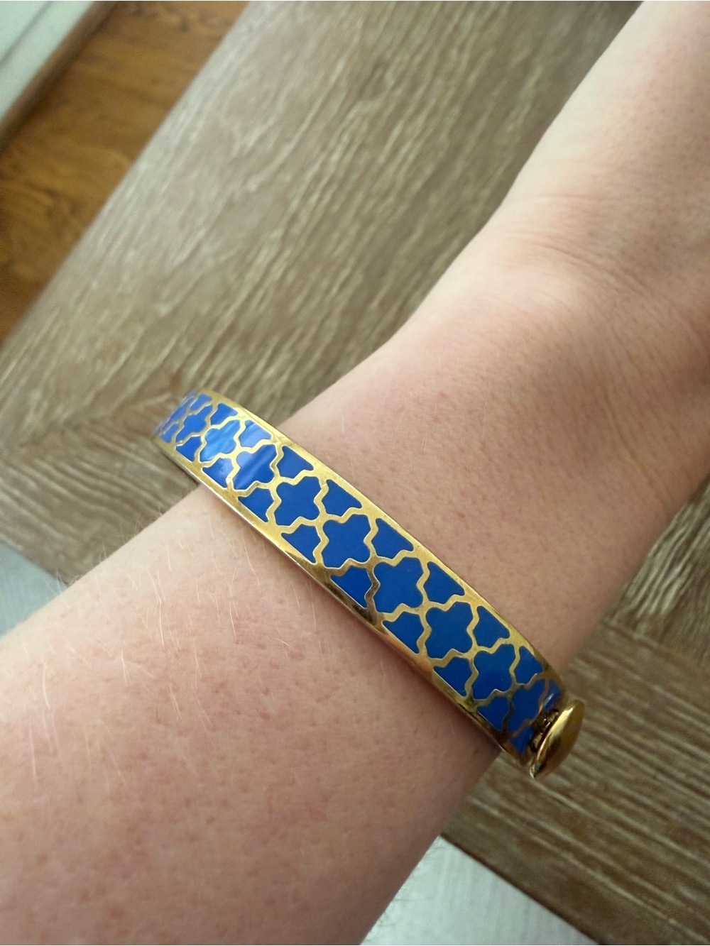 Gold-Tone Blue Enamel Patterned Bangle Bracelet